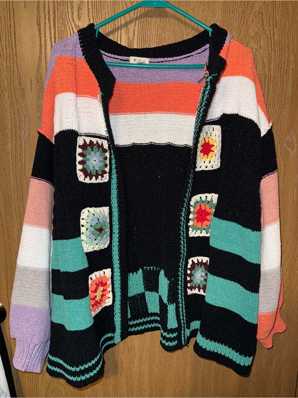 Women's Multicolor Striped Crochet Patch Cardigan Sweater
